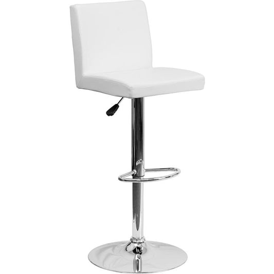 Contemporary White Vinyl Adjustable Height Barstool with Panel Back and Chrome Base