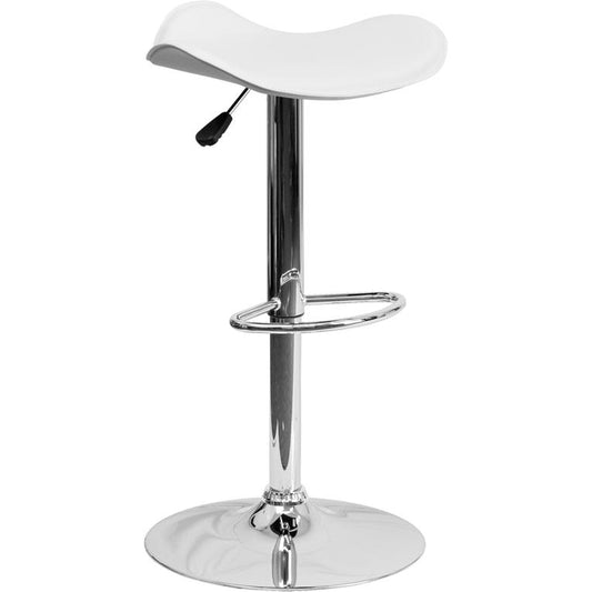 Contemporary White Vinyl Adjustable Height Barstool with Wavy Seat and Chrome Base