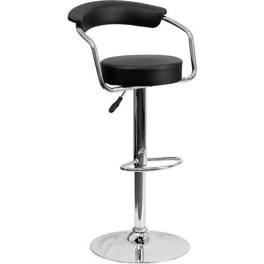 Contemporary Black Vinyl Adjustable Height Barstool with Arms and Chrome Base