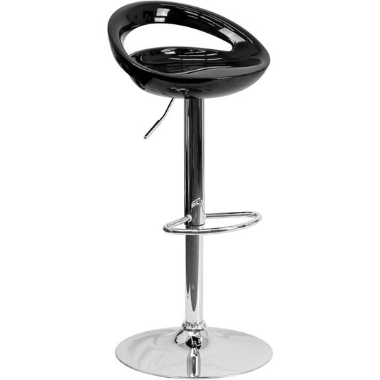 Contemporary Black Plastic Adjustable Height Barstool with Rounded Cutout Back and Chrome Base