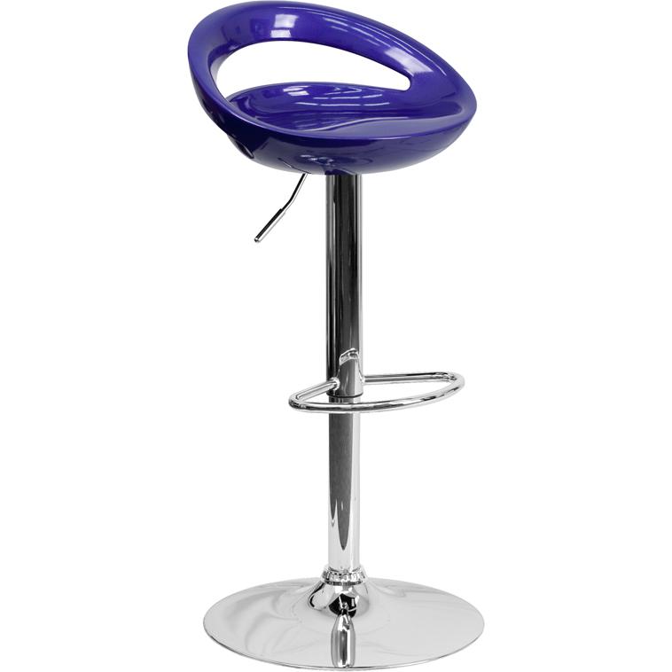 Contemporary Blue Plastic Adjustable Height Barstool with Rounded Cutout Back and Chrome Base