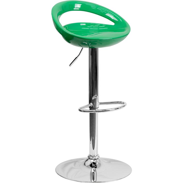 Contemporary Green Plastic Adjustable Height Barstool with Rounded Cutout Back and Chrome Base