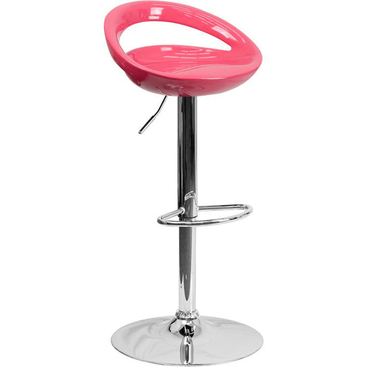 Contemporary Pink Plastic Adjustable Height Barstool with Rounded Cutout Back and Chrome Base