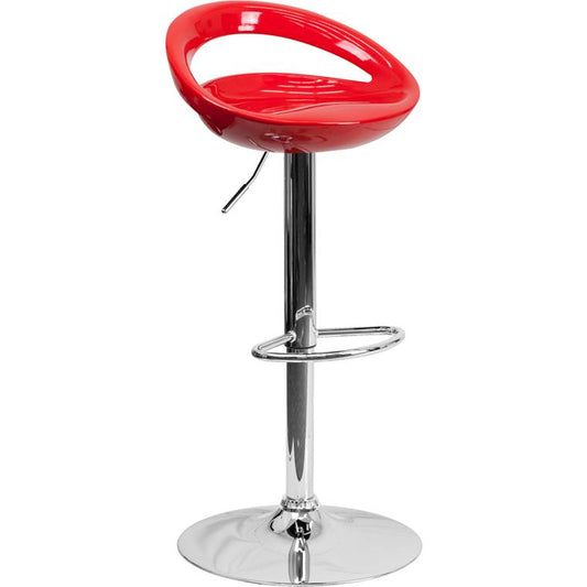 Contemporary Red Plastic Adjustable Height Barstool with Rounded Cutout Back and Chrome Base