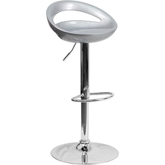 Contemporary Silver Plastic Adjustable Height Barstool with Rounded Cutout Back and Chrome Base