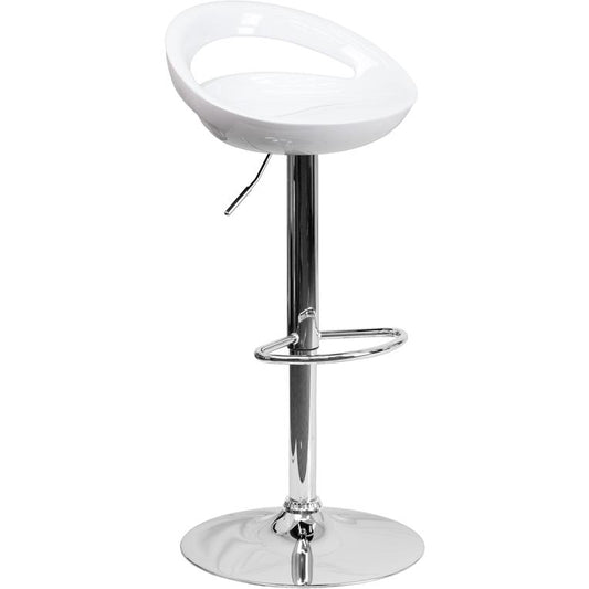 Contemporary White Plastic Adjustable Height Barstool with Rounded Cutout Back and Chrome Base