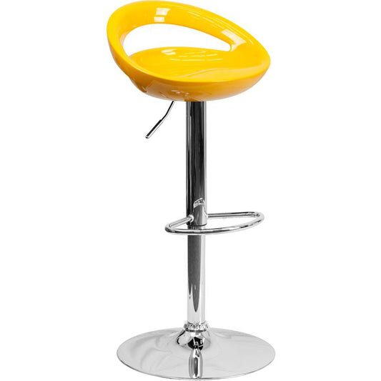 Contemporary Yellow Plastic Adjustable Height Barstool with Rounded Cutout Back and Chrome Base