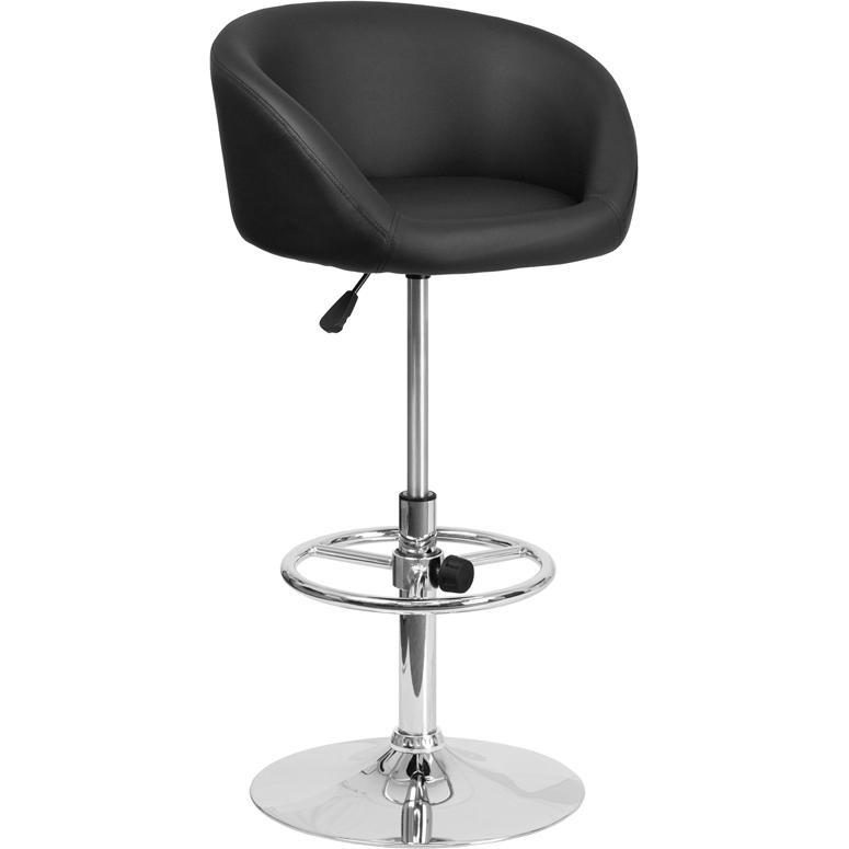 Contemporary Black Vinyl Adjustable Height Barstool with Barrel Back and Chrome Base