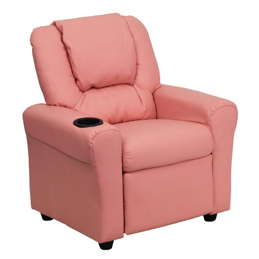 Contemporary Pink Vinyl Kids Recliner with Cup Holder and Headrest