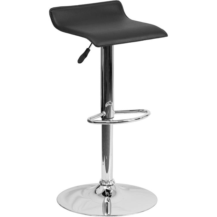 Contemporary Black Vinyl Adjustable Height Barstool with Solid Wave Seat and Chrome Base