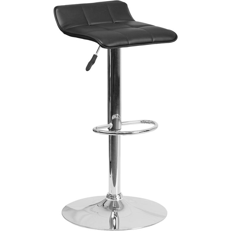 Contemporary Black Vinyl Adjustable Height Barstool with Quilted Wave Seat and Chrome Base