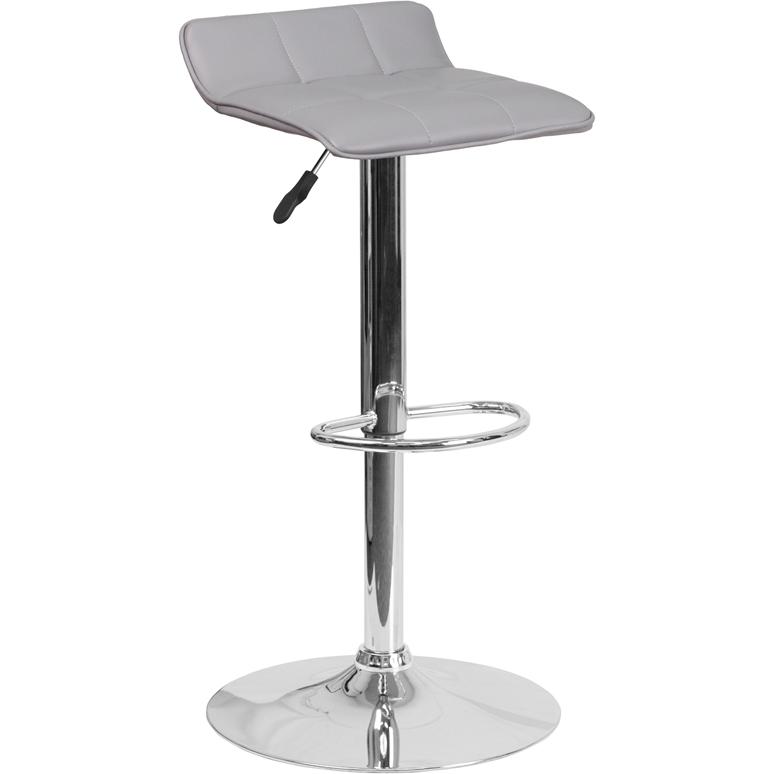 Contemporary Gray Vinyl Adjustable Height Barstool with Quilted Wave Seat and Chrome Base