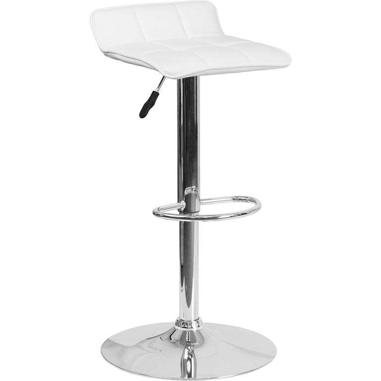 Contemporary White Vinyl Adjustable Height Barstool with Quilted Wave Seat and Chrome Base