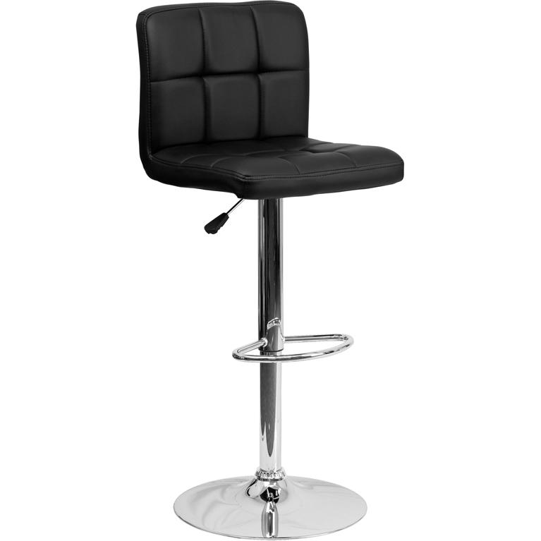 Contemporary Black Quilted Vinyl Adjustable Height Barstool with Chrome Base