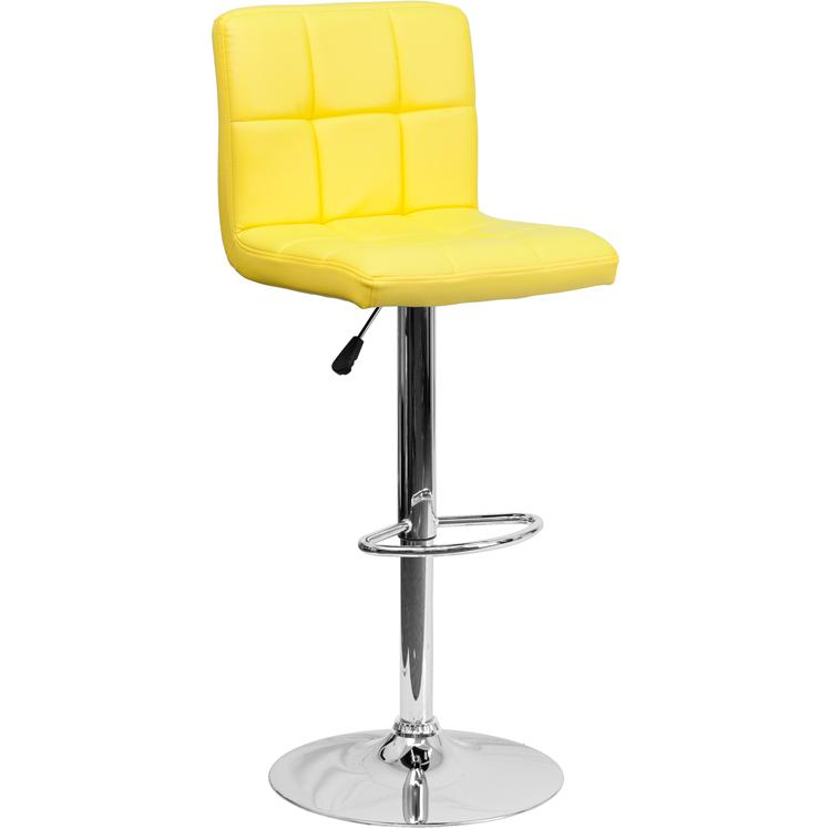 Contemporary Yellow Quilted Vinyl Adjustable Height Barstool with Chrome Base