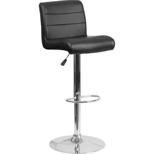 Contemporary Black Vinyl Adjustable Height Barstool with Rolled Seat and Chrome Base