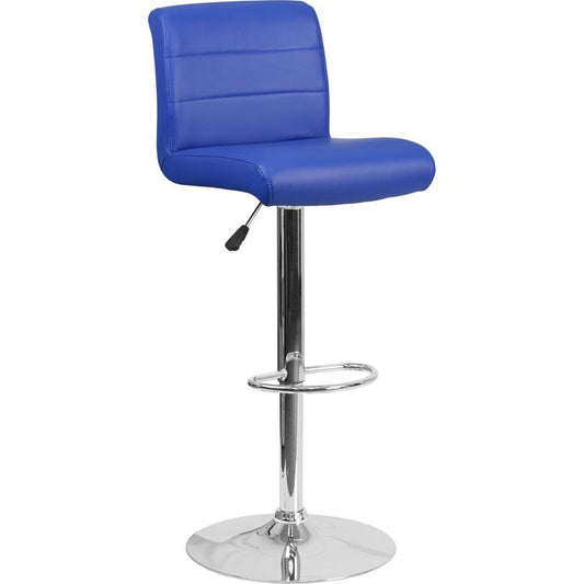 Contemporary Blue Vinyl Adjustable Height Barstool with Rolled Seat and Chrome Base