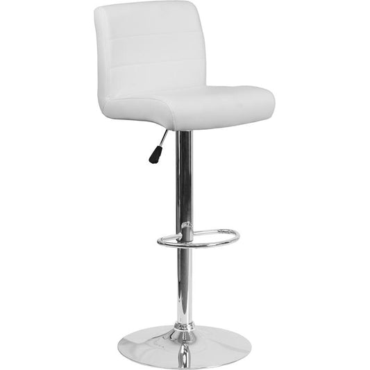 Contemporary White Vinyl Adjustable Height Barstool with Rolled Seat and Chrome Base