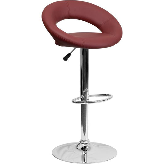 Contemporary Burgundy Vinyl Rounded Orbit-Style Back Adjustable Height Barstool with Chrome Base