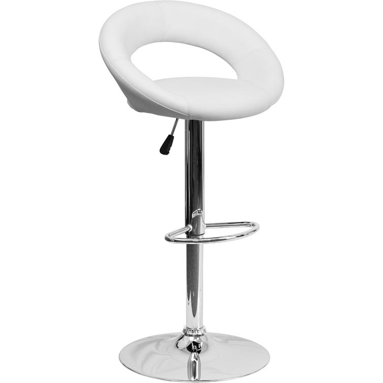 Contemporary White Vinyl Rounded Orbit-Style Back Adjustable Height Barstool with Chrome Base