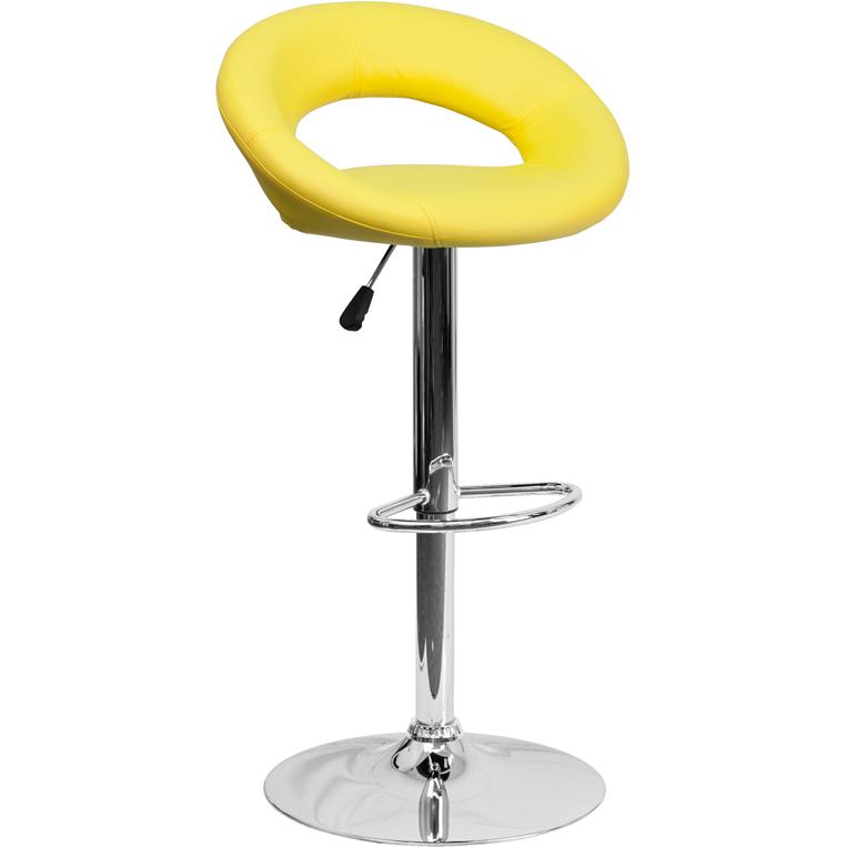 Contemporary Yellow Vinyl Rounded Orbit-Style Back Adjustable Height Barstool with Chrome Base