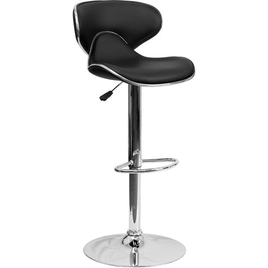 Contemporary Cozy Mid-Back Black Vinyl Adjustable Height Barstool with Chrome Base