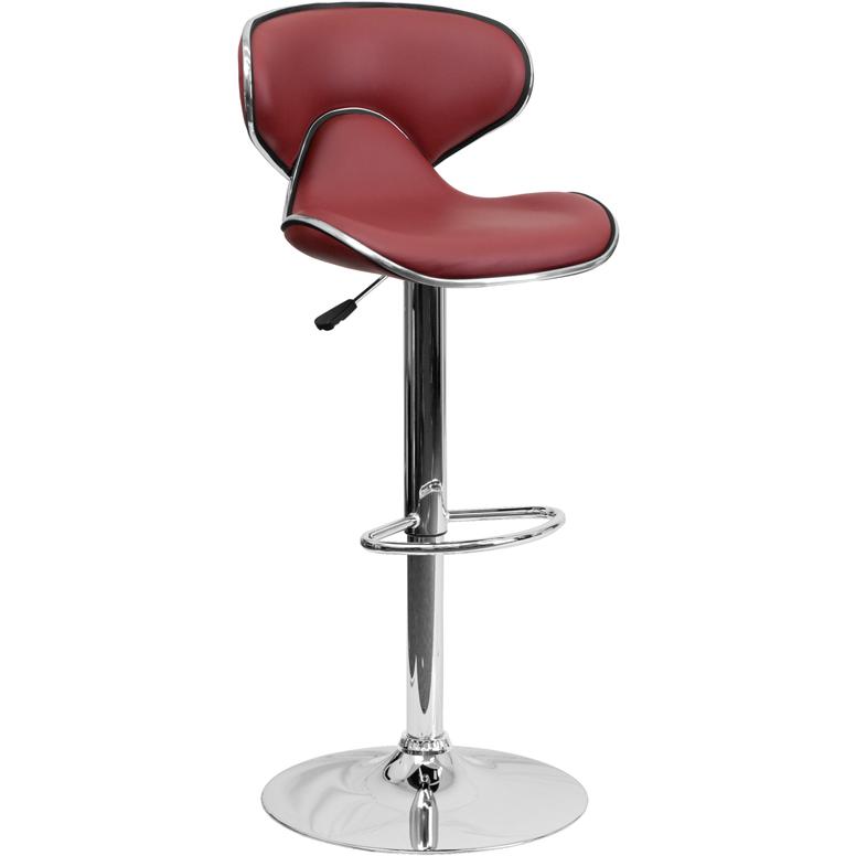 Contemporary Cozy Mid-Back Burgundy Vinyl Adjustable Height Barstool with Chrome Base