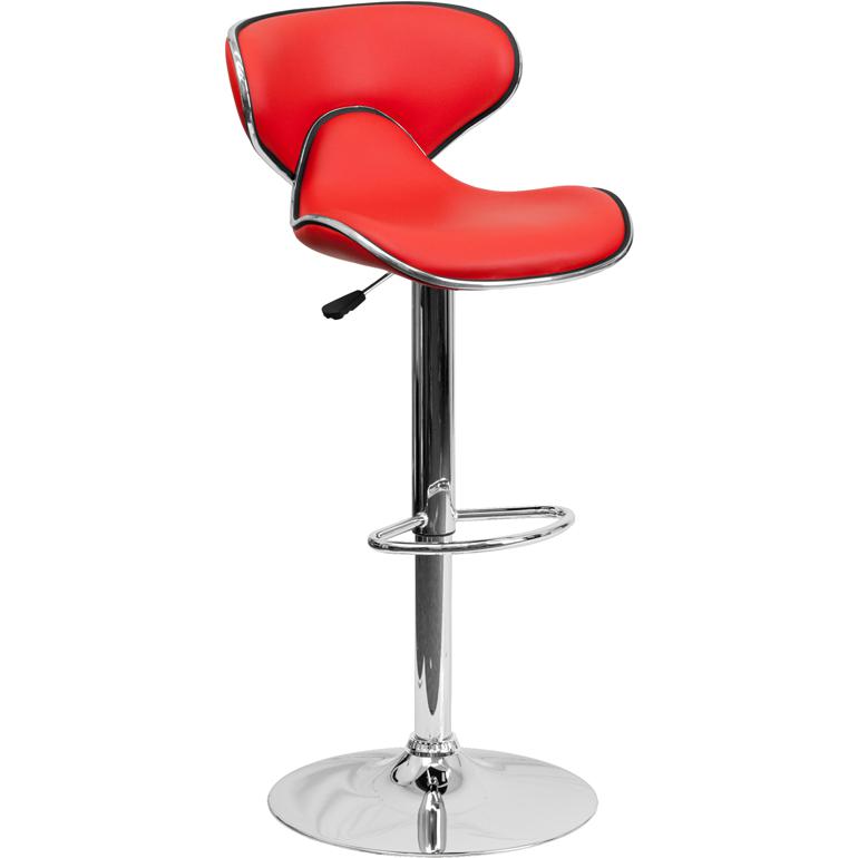 Contemporary Cozy Mid-Back Red Vinyl Adjustable Height Barstool with Chrome Base