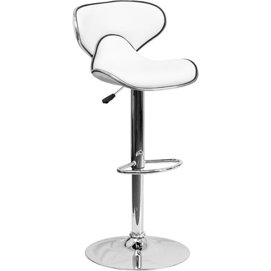 Contemporary Cozy Mid-Back White Vinyl Adjustable Height Barstool with Chrome Base