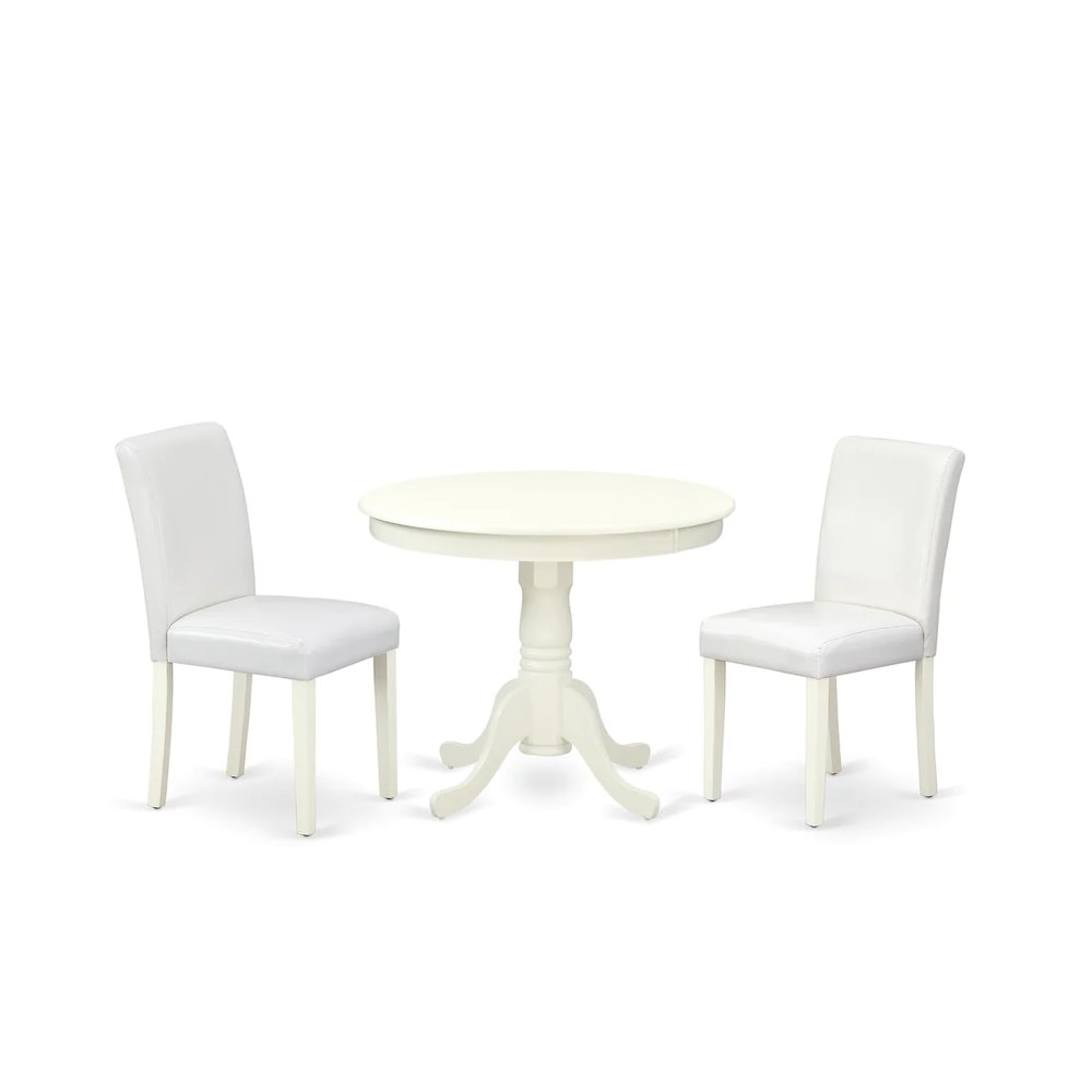 3 Piece Modern Dining Table Set Contains a Round Kitchen Table with Pedestal and 2 White Faux Leather Upholstered Chairs, 36x36 Inch, Linen White