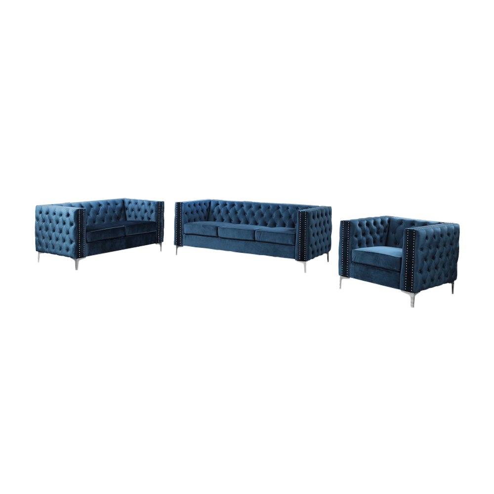 Best Master Furniture Aineias 3 Piece Fabric Sofa Loveseat and Chair Set in Navy