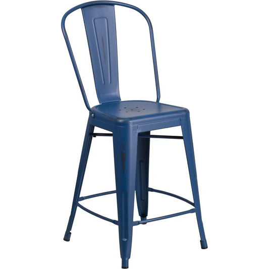 Commercial Grade 24" High Distressed Antique Blue Metal Indoor-Outdoor Counter Height Stool with Back