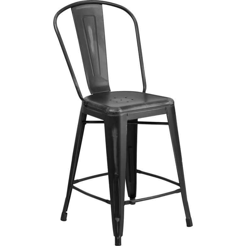 Commercial Grade 24" High Distressed Black Metal Indoor-Outdoor Counter Height Stool with Back