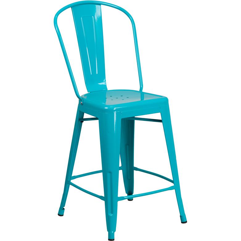 Commercial Grade 24" High Crystal Teal-Blue Metal Indoor-Outdoor Counter Height Stool with Back