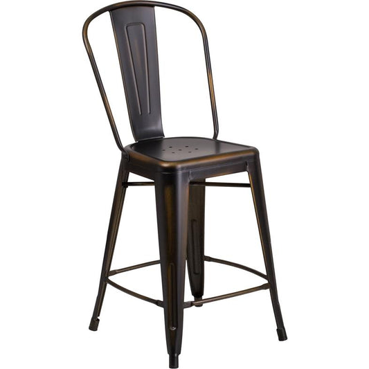 Commercial Grade 24" High Distressed Copper Metal Indoor-Outdoor Counter Height Stool with Back