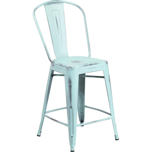 Commercial Grade 24" High Distressed Green-Blue Metal Indoor-Outdoor Counter Height Stool with Back