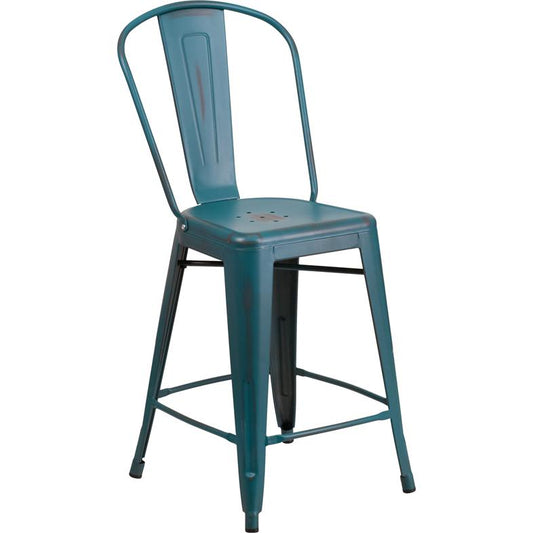 Commercial Grade 24" High Distressed Kelly Blue-Teal Metal Indoor-Outdoor Counter Height Stool with Back