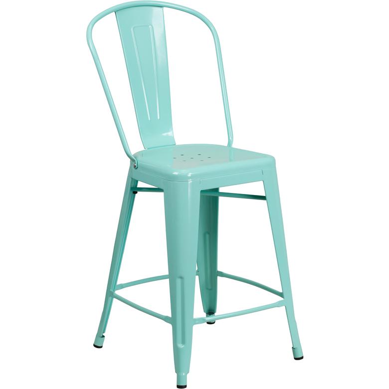 Commercial Grade 24" High Mint Green Metal Indoor-Outdoor Counter Height Stool with Back