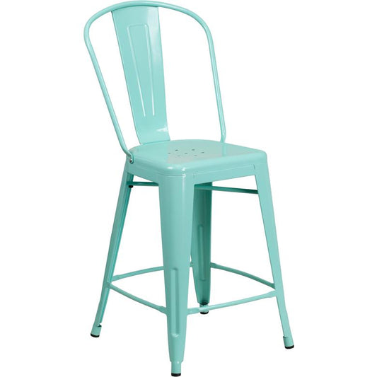 Commercial Grade 24" High Mint Green Metal Indoor-Outdoor Counter Height Stool with Back