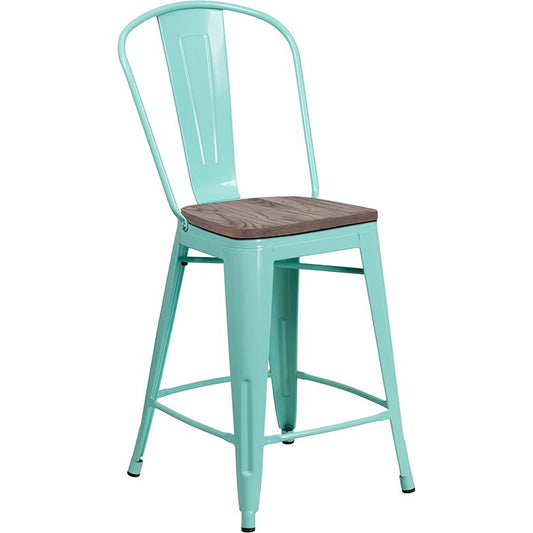 24" High Mint Green Metal Counter Height Stool with Back and Wood Seat