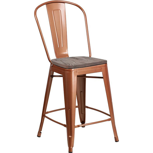 24" High Copper Metal Counter Height Stool with Back and Wood Seat