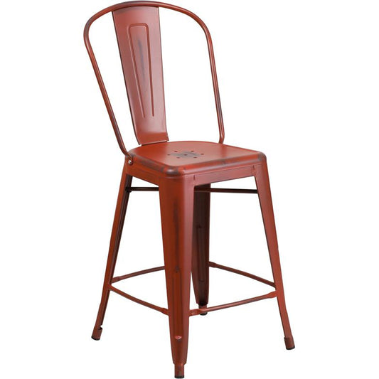 Commercial Grade 24" High Distressed Kelly Red Metal Indoor-Outdoor Counter Height Stool with Back