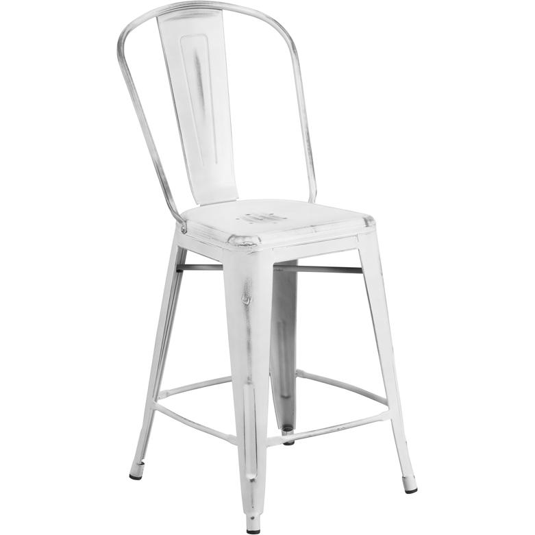 Commercial Grade 24" High Distressed White Metal Indoor-Outdoor Counter Height Stool with Back