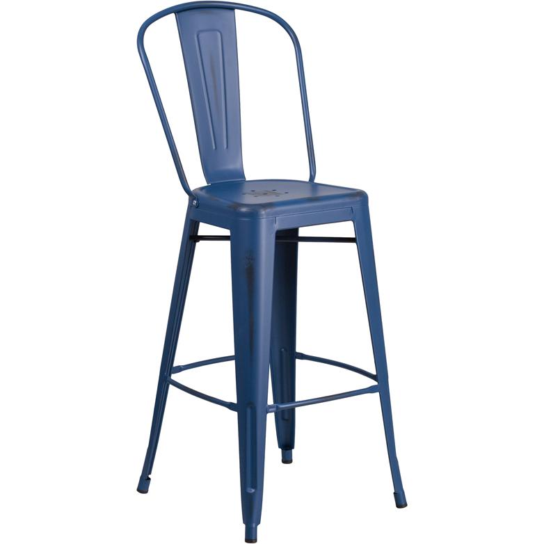 Commercial Grade 30" High Distressed Antique Blue Metal Indoor-Outdoor Barstool with Back