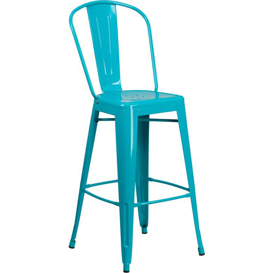 Commercial Grade 30" High Crystal Teal-Blue Metal Indoor-Outdoor Barstool with Back