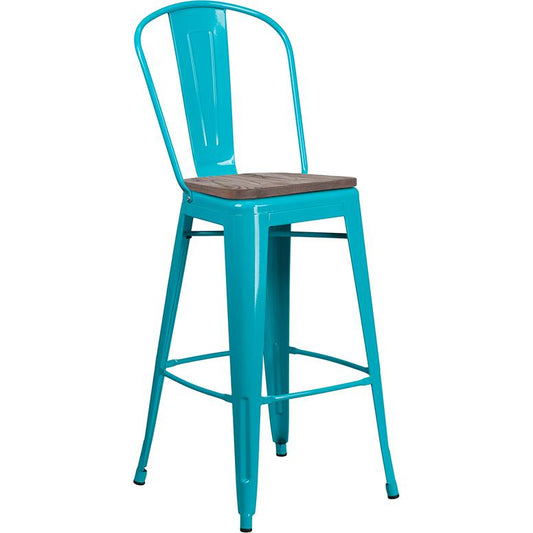 30" High Crystal Teal-Blue Metal Barstool with Back and Wood Seat