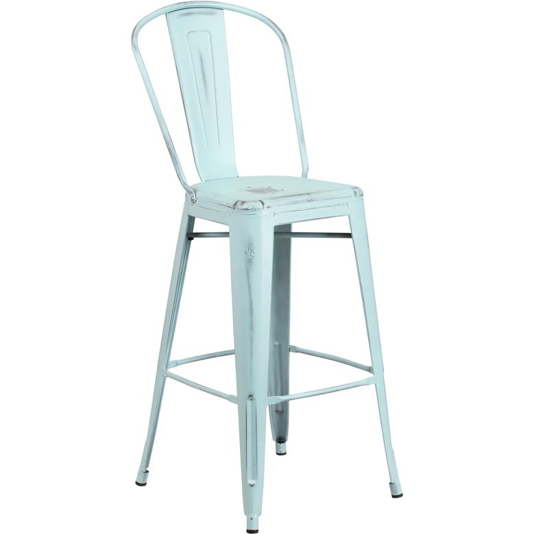 Commercial Grade 30" High Distressed Green-Blue Metal Indoor-Outdoor Barstool with Back