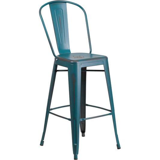 Commercial Grade 30" High Distressed Kelly Blue-Teal Metal Indoor-Outdoor Barstool with Back