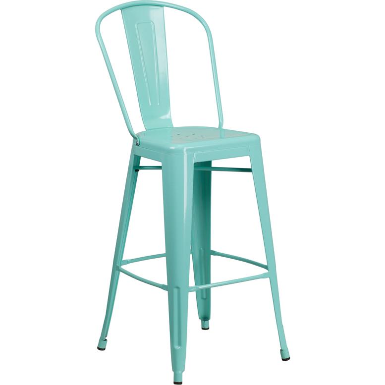 Commercial Grade 30" High Mint Green Metal Indoor-Outdoor Barstool with Back