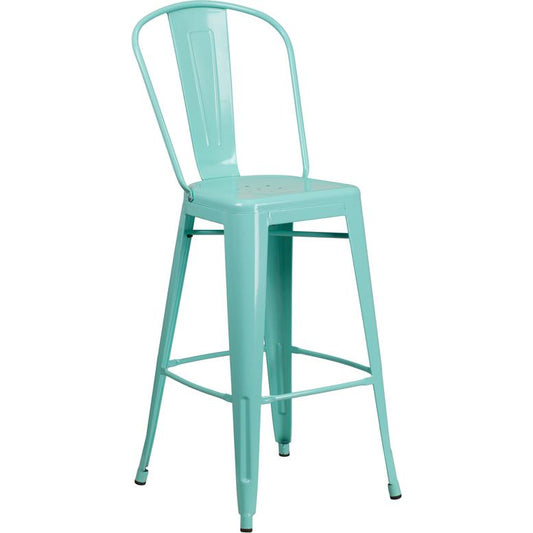 Commercial Grade 30" High Mint Green Metal Indoor-Outdoor Barstool with Back